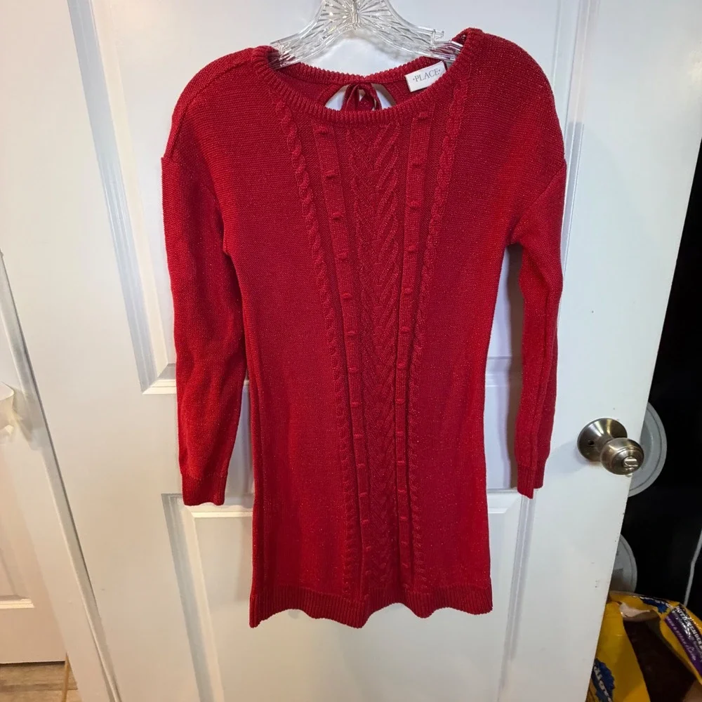 The Childrens Place Girls Sweater Dress Red‎ Cable Knit Metallic Shimmer Size 14
